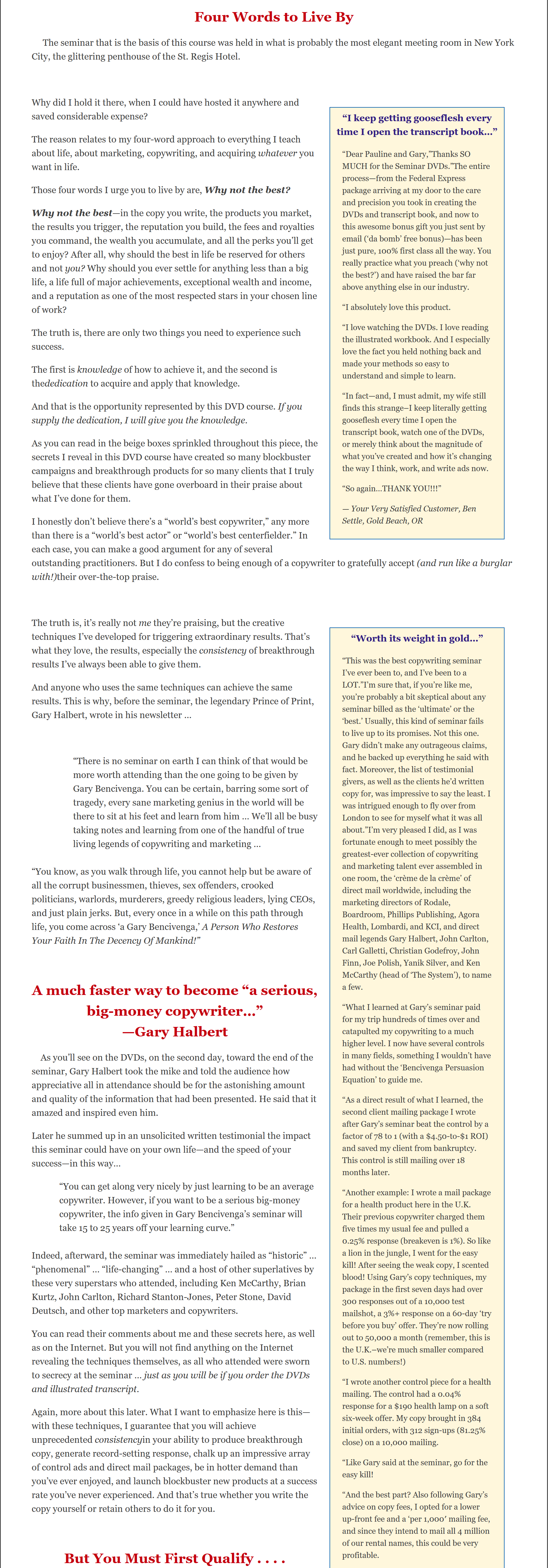 Gary Bencivenga – 7 Master Secrets Of Wealth Creation For Marketers And Copywriters